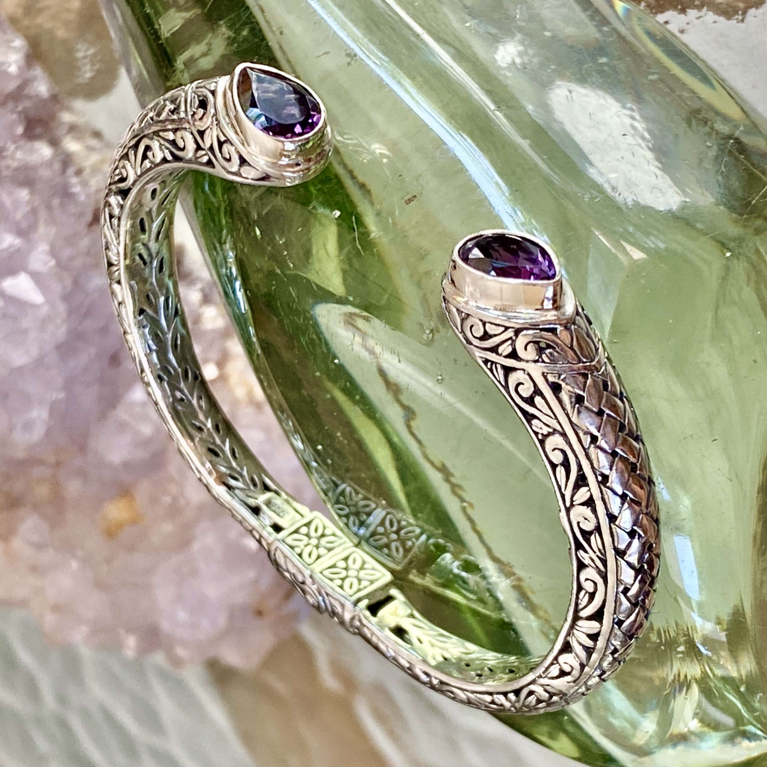 (HANDMADE 925 BALI STERLING SILVER HINGE BRACELETS WITH GARNET,PERIDOT